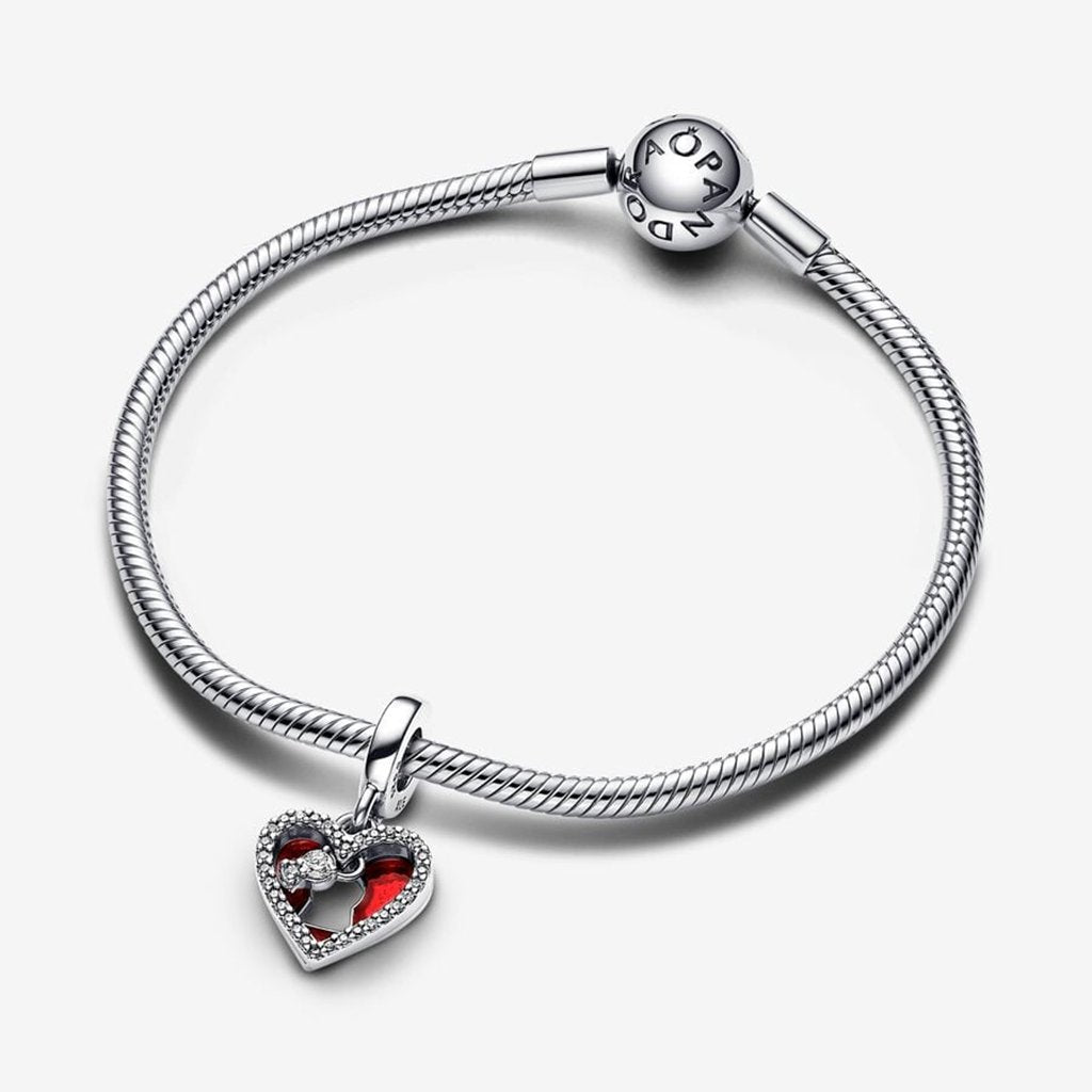 PANDORA  Red Heart & Keyhole Double Dangle Charm in Sterling Silver