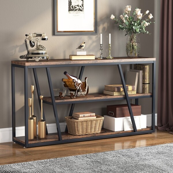 3-Tier Industrial Console Table Sofa Table with Open Shelves - 59.1