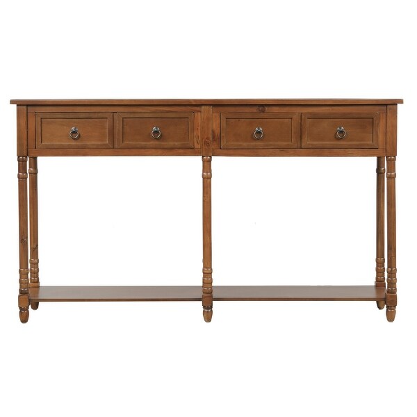 Rectangular Console Table Sofa Table with Drawers and Long Shelf， Walnut