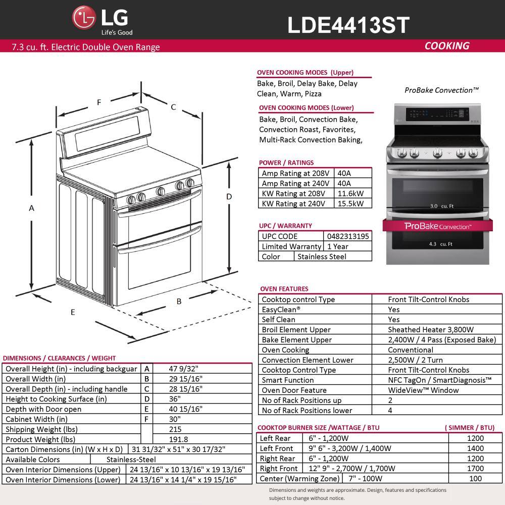 LG 7.3 cu. ft. Double Oven Electric Range with ProBake Convection Self Clean and EasyClean in Stainless Steel LDE4413ST