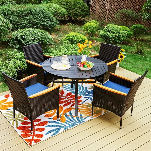 5pc Outdoor Dining Set With Wicker Chairs With Cushions amp Round Metal Table With Umbrella Hole Blue Captiva Designs