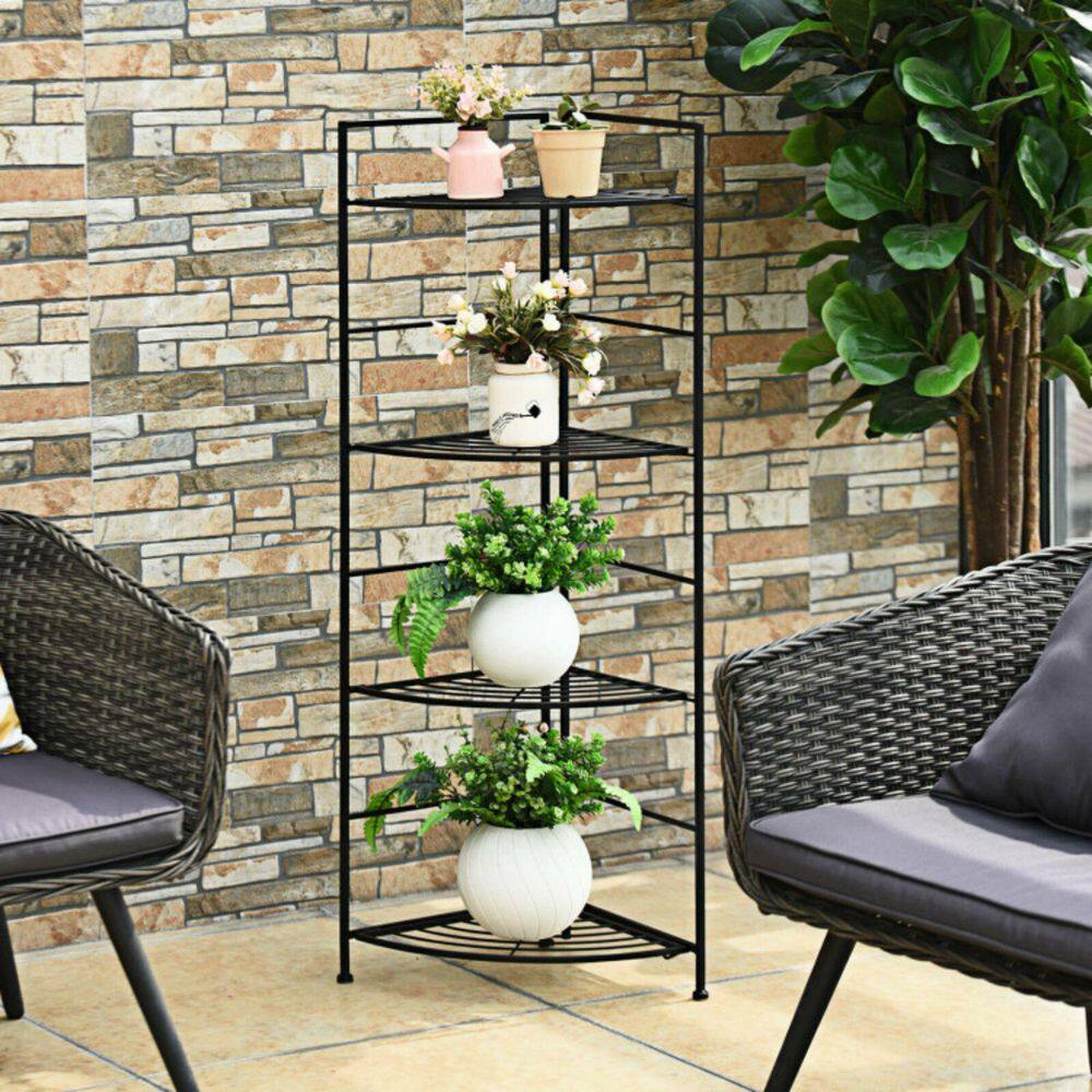 Alpulon Indoor/Outdoor Folding Black Metal Shelf Plant Stand Storage Open Shelf Corner Display Rack (4-Tier) ZMWV538