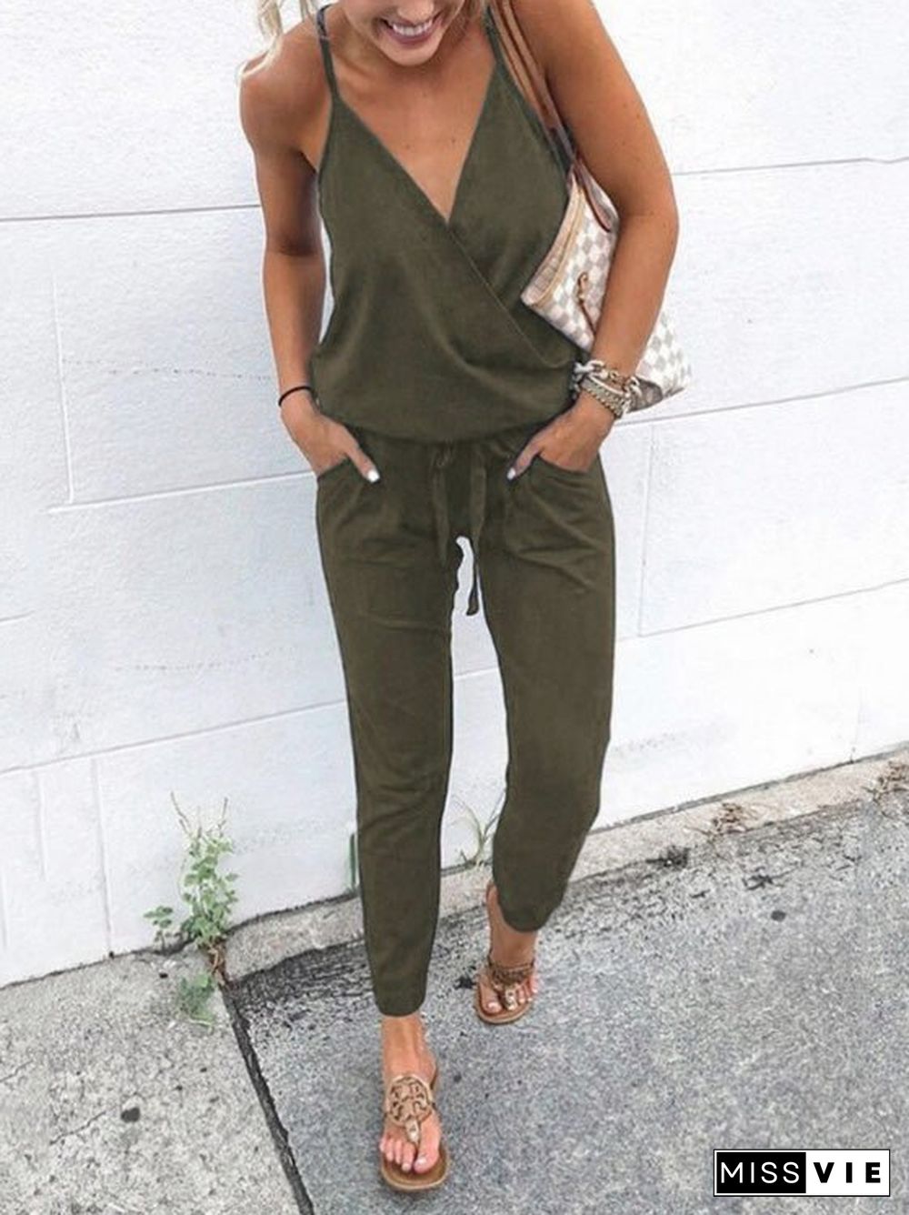 Women'S Jumpsuits Casual Sling V-Neck Belted Pocket Jumpsuit