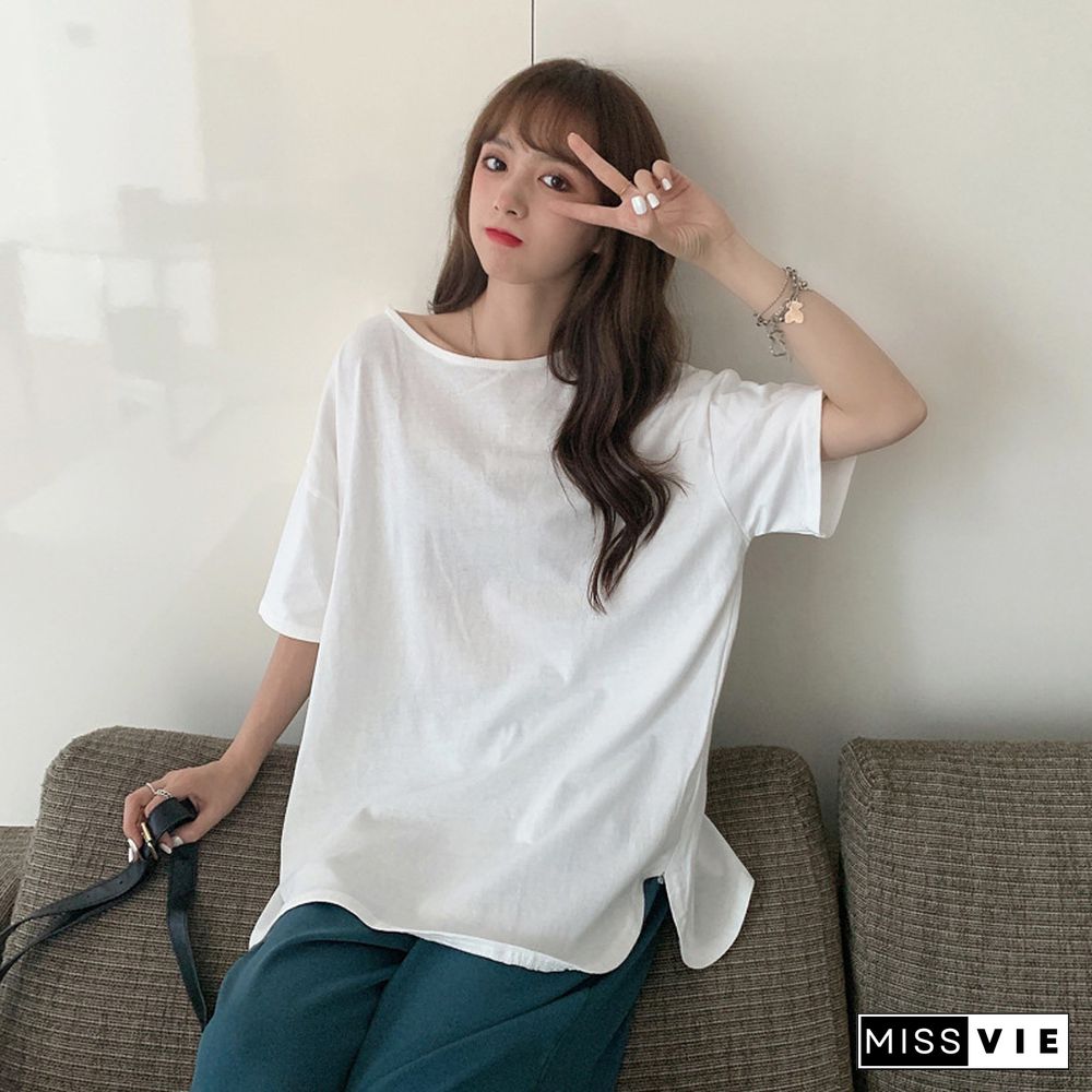 Backless Pure Color Loose T-Shirt