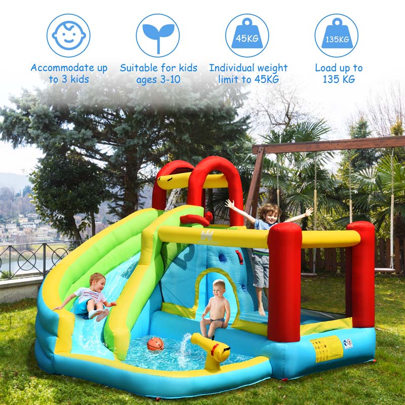 6-in-1 Kids Inflatable Bounce House Water Park with Trampoline, Splash Pool, Climbing Wall, Water Slide & Gun, Basketball Rim