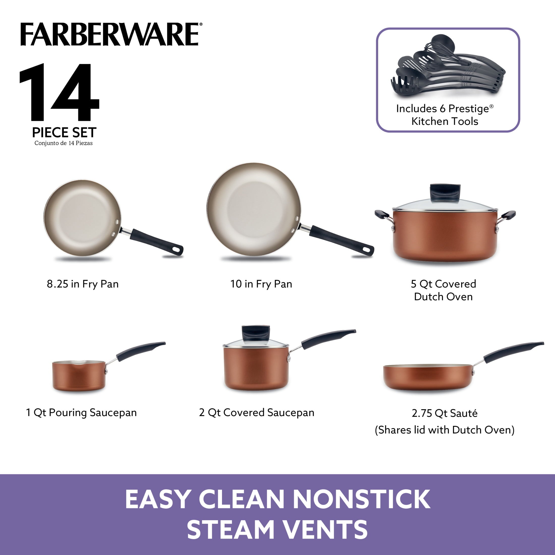 Farberware Easy Clean Steam Vent Cookware Nonstick Pots and Pans Set, 14-Piece, Copper