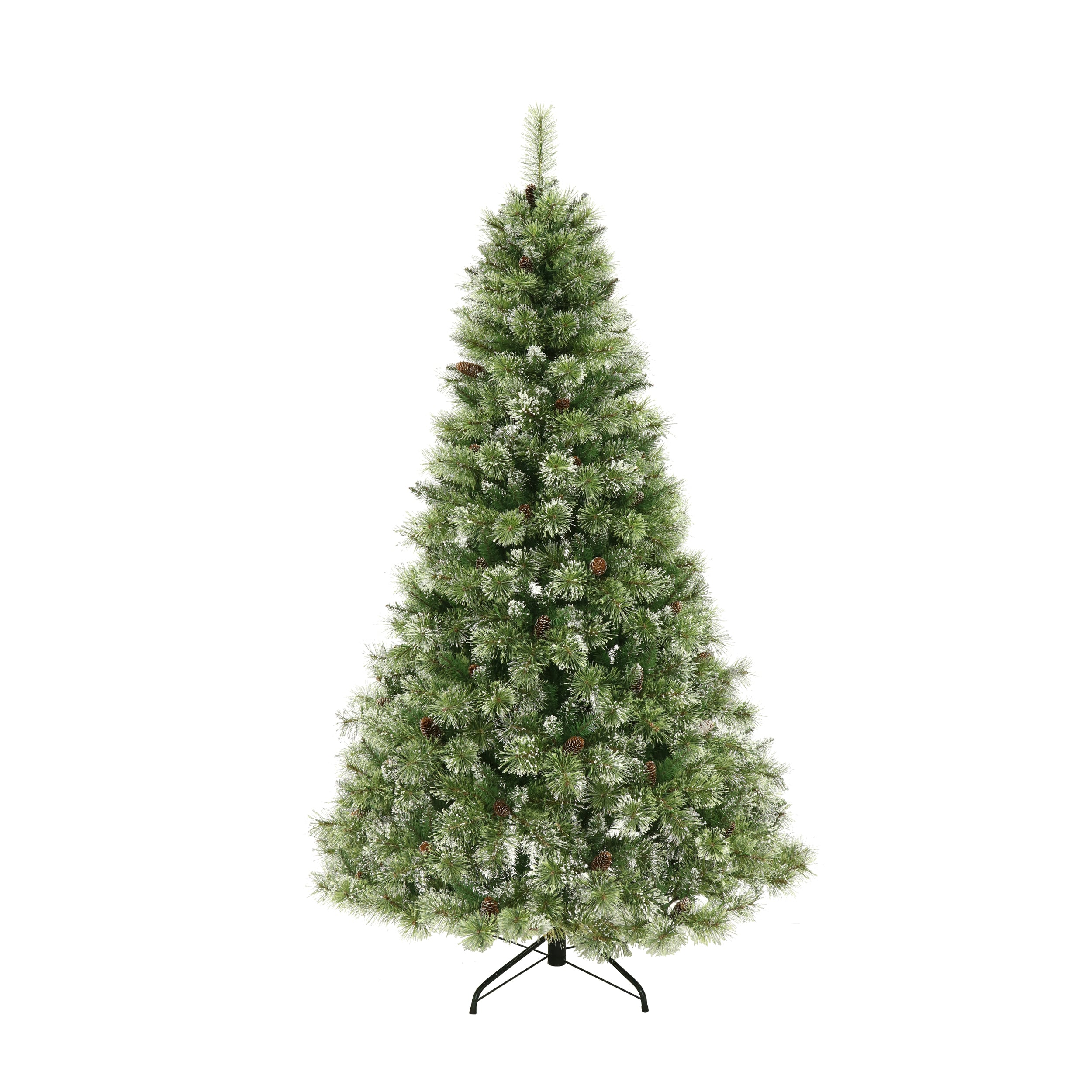 7-foot Cashmere Pine and Mixed Needles Pre-Lit Clear LED Hinged Artificial Christmas Tree with Snow and Glitter Branches and Frosted Pinecones