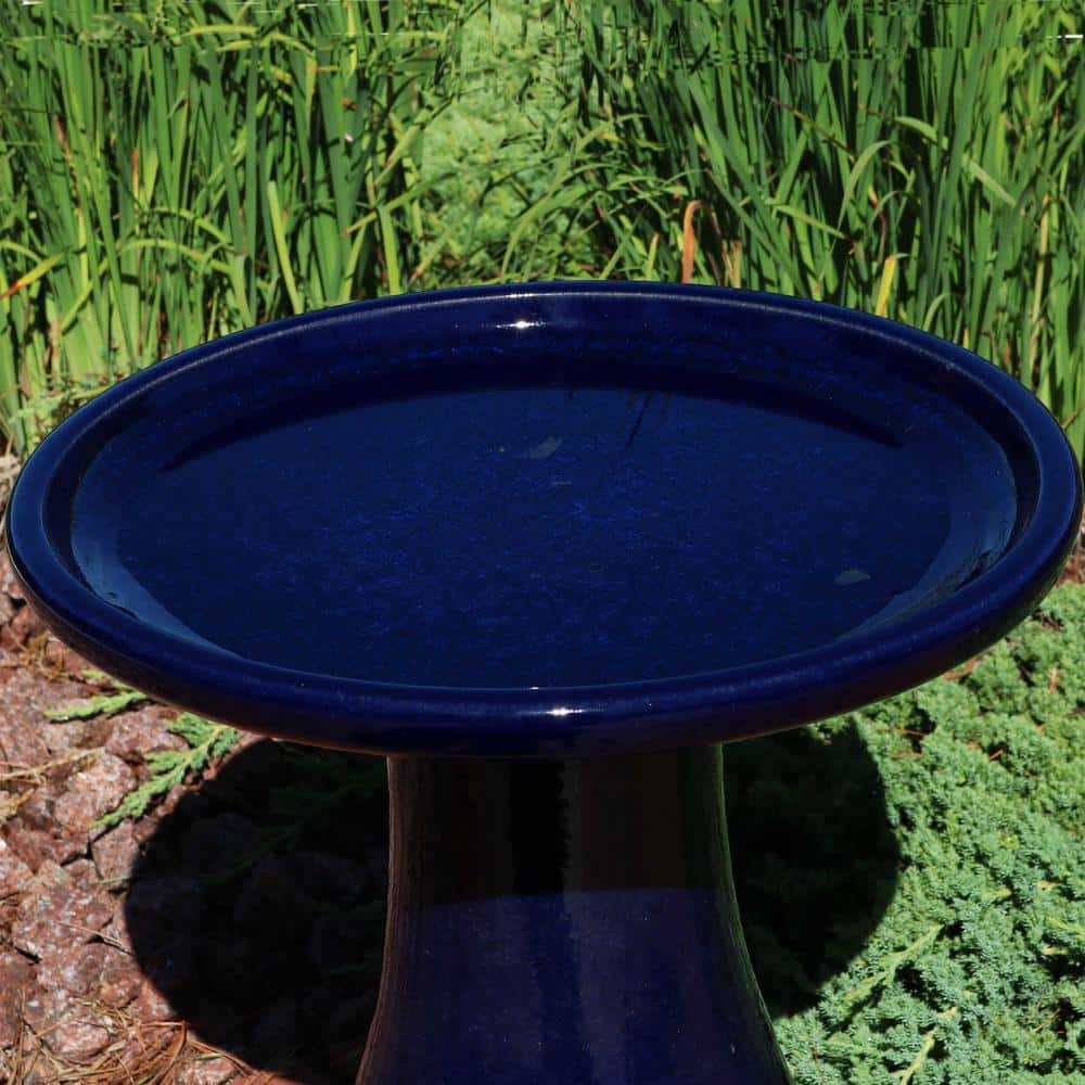 Sunnydaze Decor Classic Dark Blue Ceramic Outdoor Bird Bath， UV/Frost Resistant AP-398