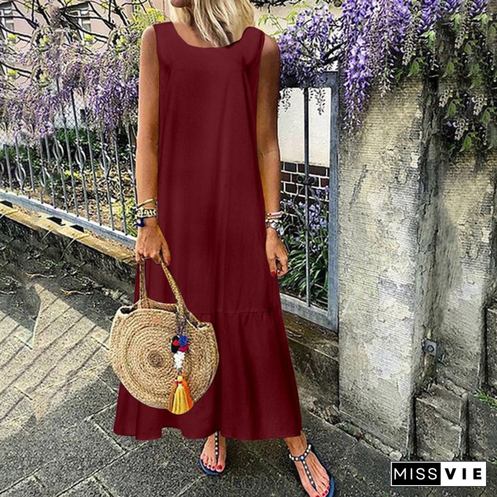 Women Cotton Linen Long Dress Summer Sleeveless Ruffled Party Casual Loose Maxi Dresses Plus Size