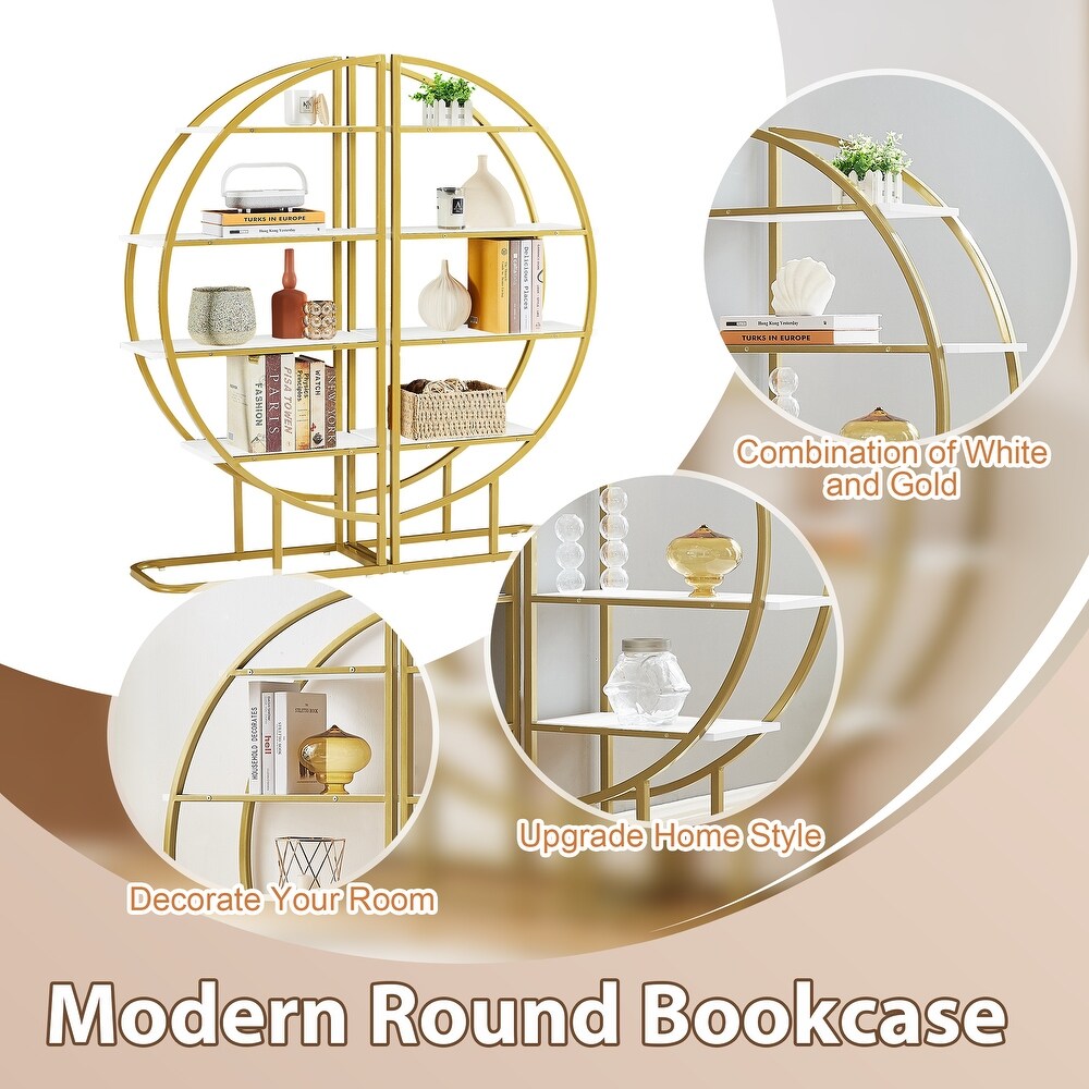 4 Tiers Home Office Round Shape Open Bookshelf with Gold Metal Frame