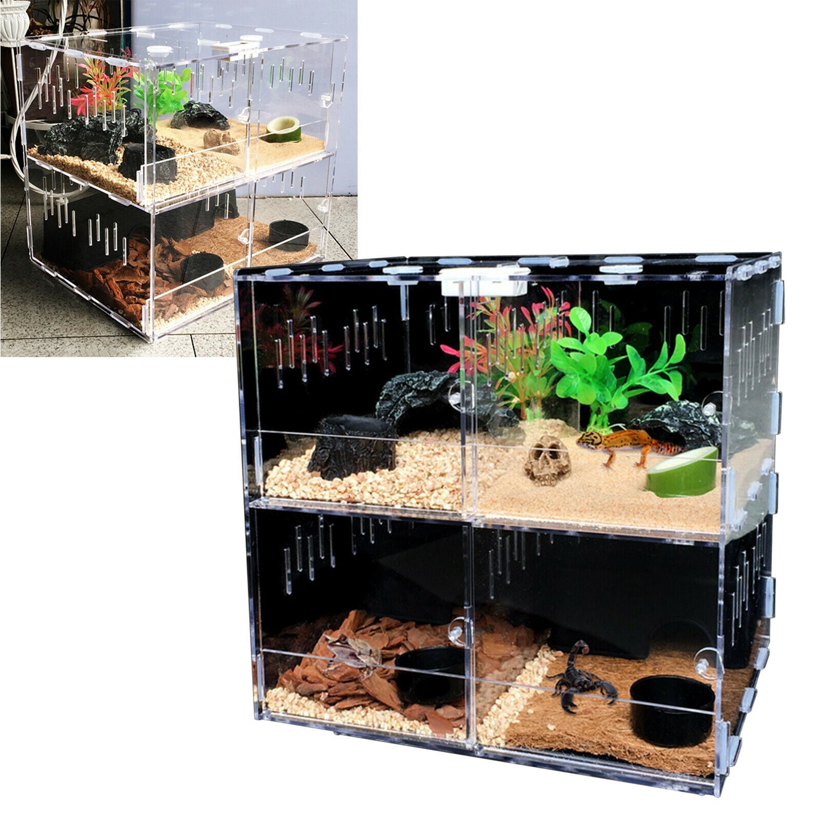 TOOL1SHOoo Transparent 4 Grids Large Reptile Pet Tank Acrylic Climbing Pet Box +Thermometer