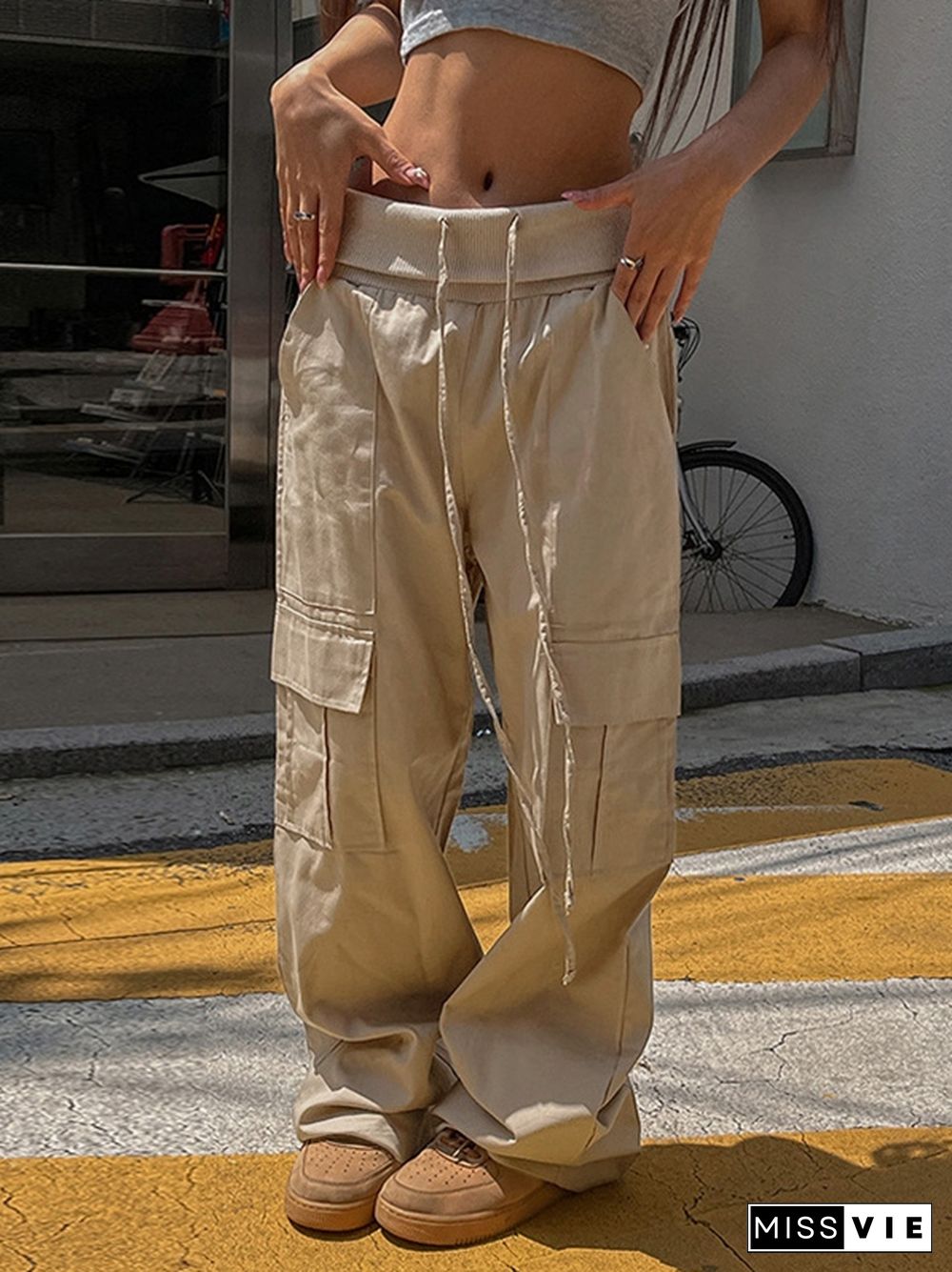 Turned Waist Drawstring Pocket Cargo Pants