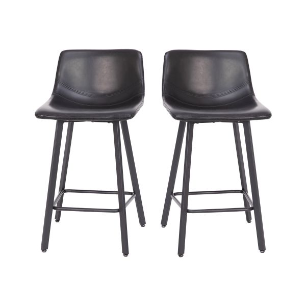 Caleb Modern Armless 24 Inch Counter Height Stools Commercial Grade with Footrests in Black LeatherSoft and Black Matte Metal Frames， Set of 2