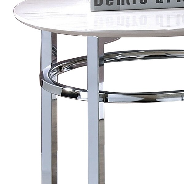 23 Inch Round Faux Marble Top End Table， White and Chrome - 23.5 H x 22 W x 22 L