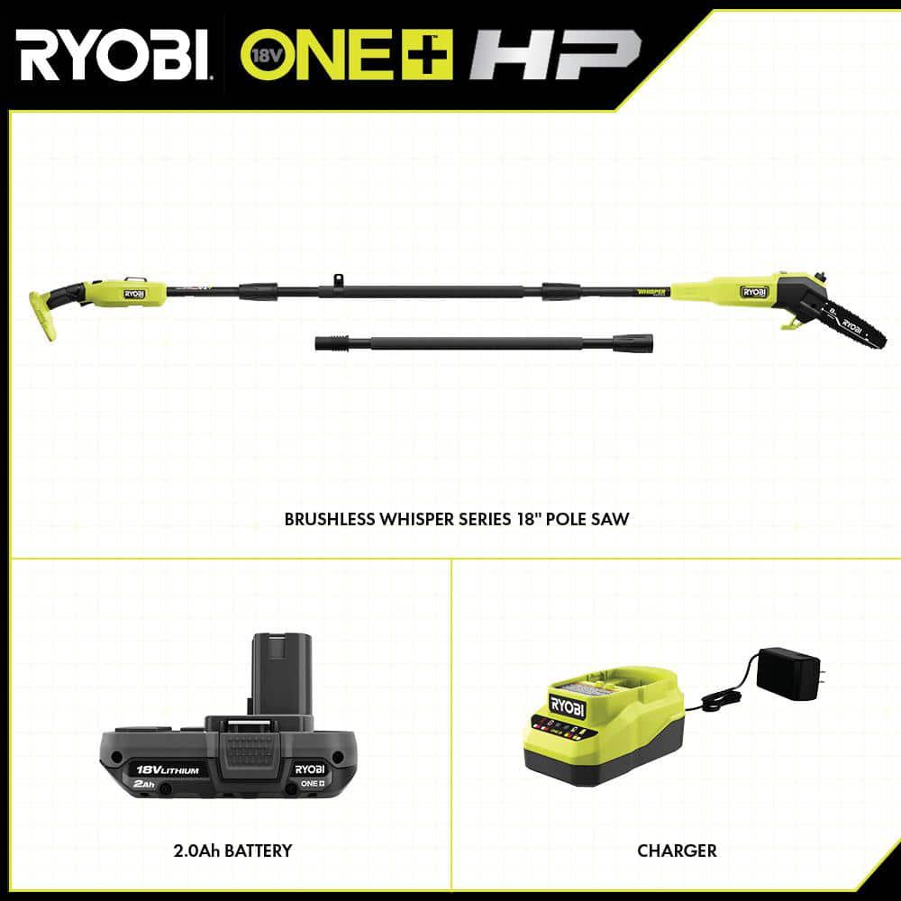 RYOBI ONE HP 18V Brushless Whisper Series 8 in Cordless Battery Pole Saw with 20 Ah Battery and Charger