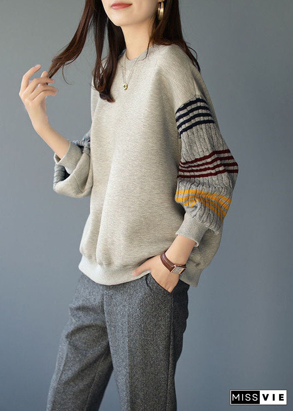 Lazy Grey O-Neck Striped Knit Patchwork Cotton Sweatshirt Long Sleeve