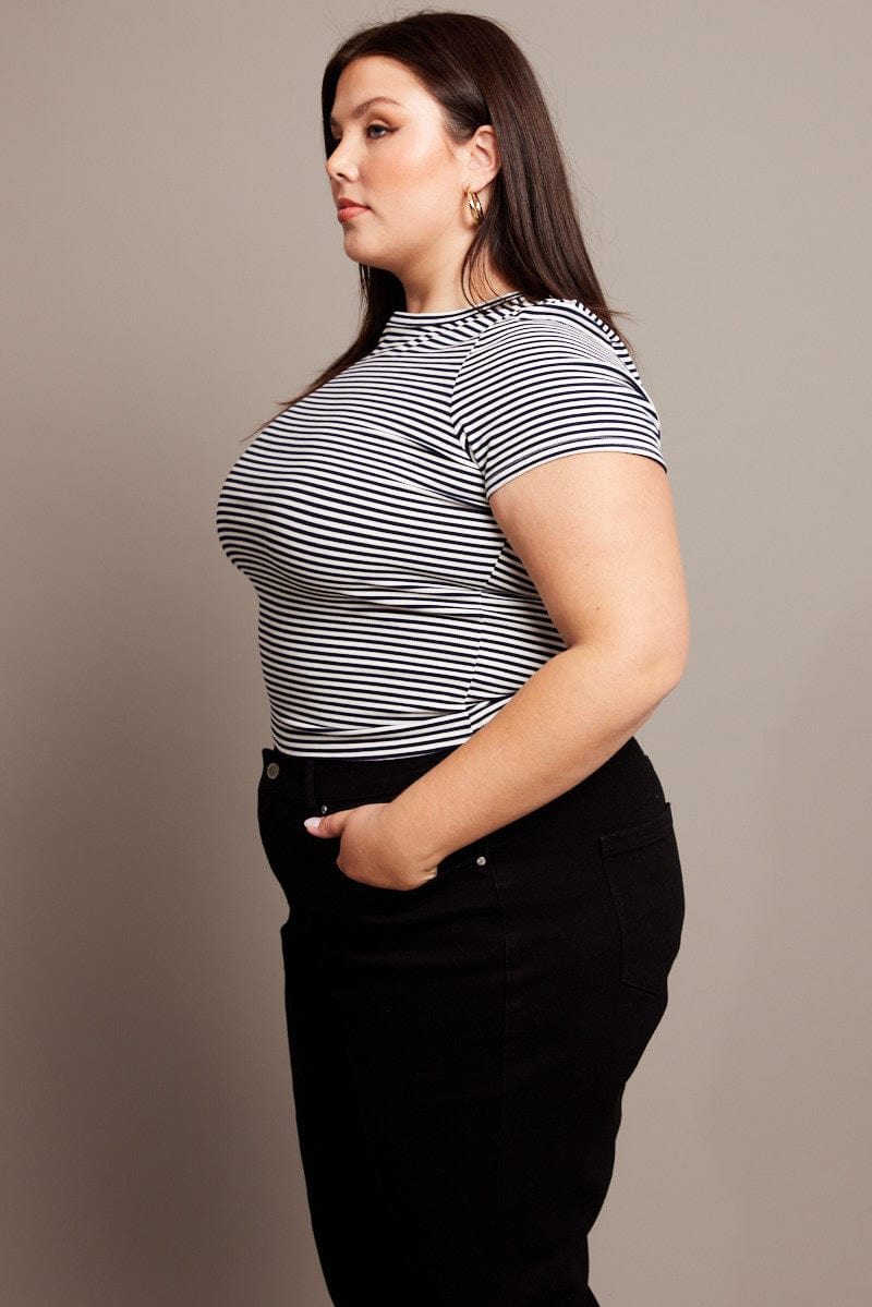 Blue Stripe T-shirt Short Sleeve Round Neck