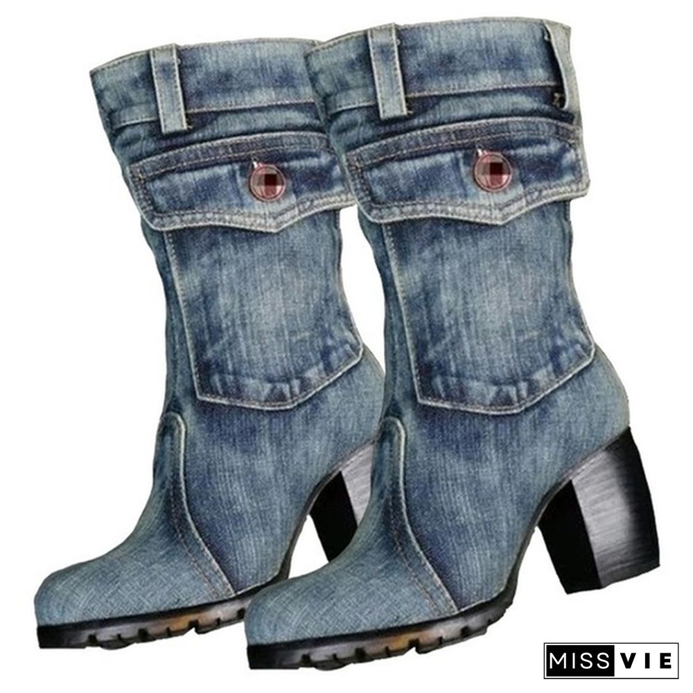 New Fashion Women's Denim Boots Chunky High Heel Mid Calf Boots Ladies Side Zipper Cowboy Boots