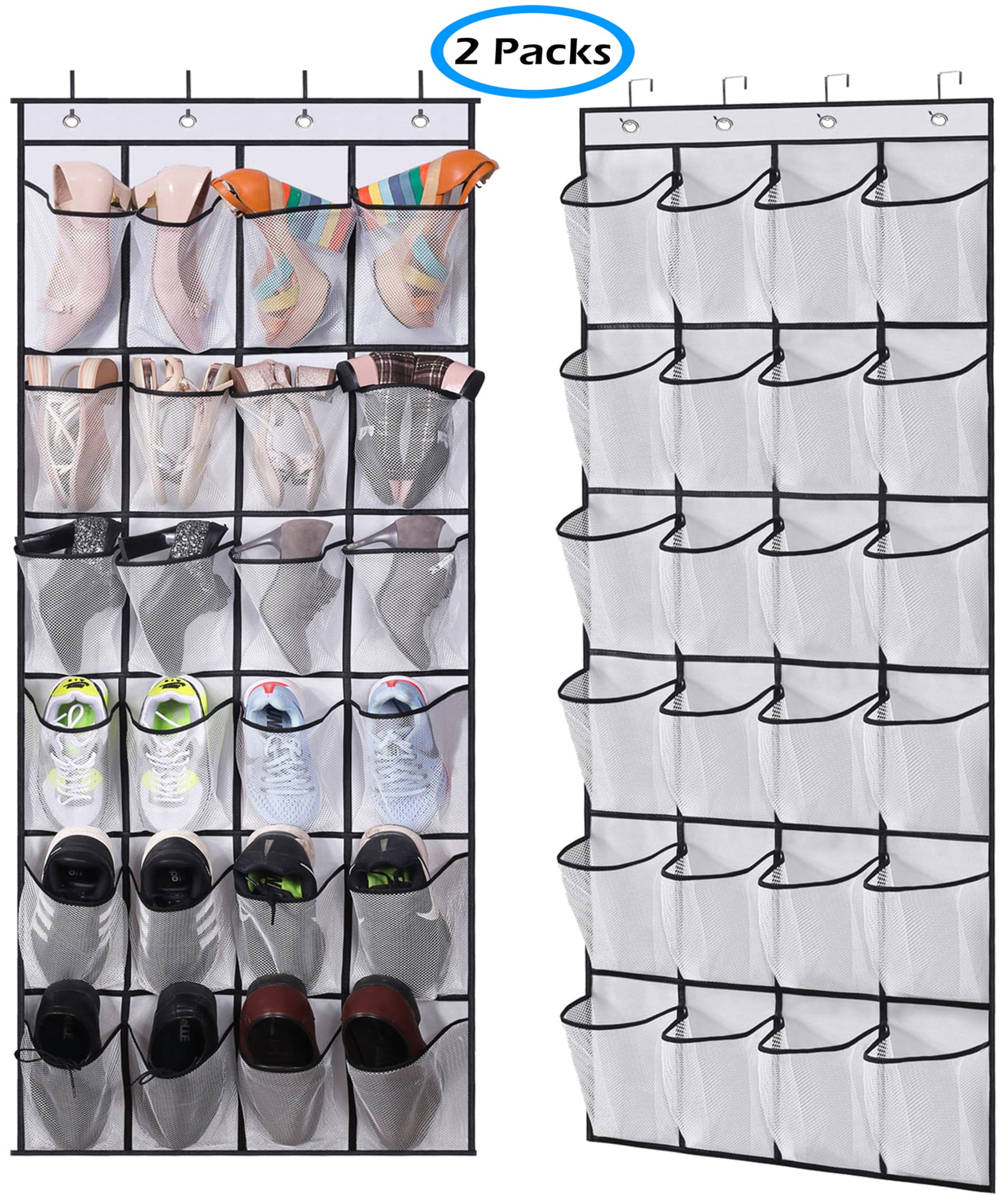 MISSLO 24 Pairs Over The Door Hanging Shoe Organizer 2 Packs Mesh Pockets Shoe Storage Rack Behind Door Shoe Holder Hanger， White