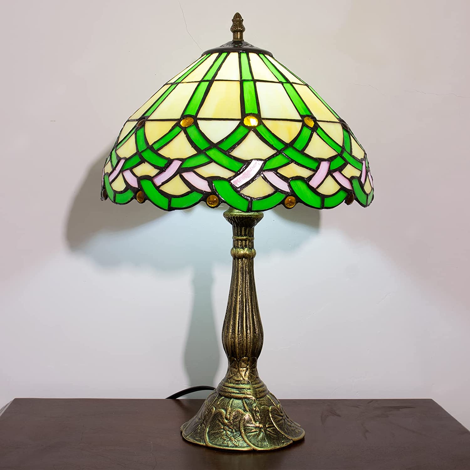 SHADY  Table Lamp Stained Glass Bedside Lamp Green Floral Desk Reading Light 18&#34; Tall Vintage Antique Style Banker Lamp Room Bedroom Living Study Coffee Bar Office LED Bulb Inc