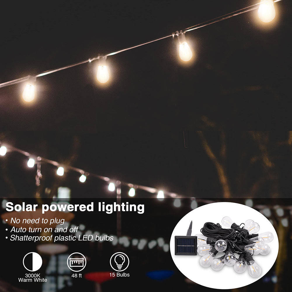 Yescom Solar Outdoor String Light Christmas Lights 48ft 15-Bulbs