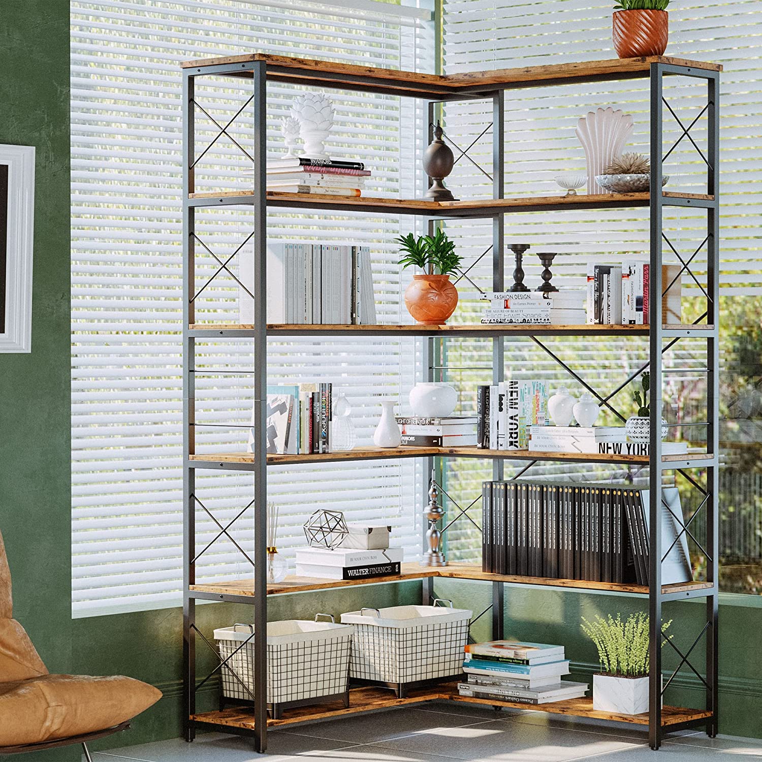 Corner Bookshelf 5 Tiers/6 Tiers Industrial Bookcases Shelf Storage Rack with Metal Frame