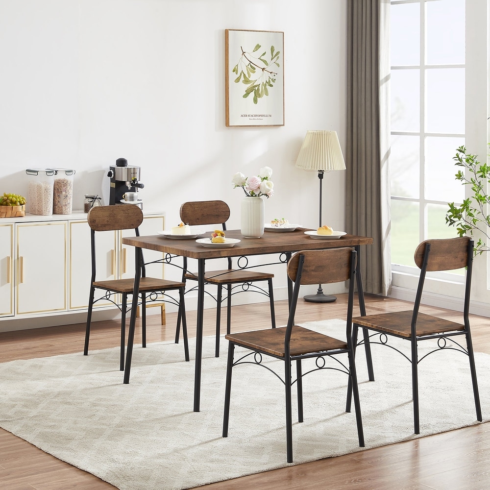 VECELO Dining Table Set  Kitchen Table with 4 Chairs  Metal and Wood Rectangular 5 Piece Dining Table