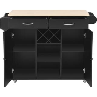 FAMYYT Black Wood Desktop 48 in. Kitchen Island with Wine Rack and Four Locking Wheels XJ-294554BK-L