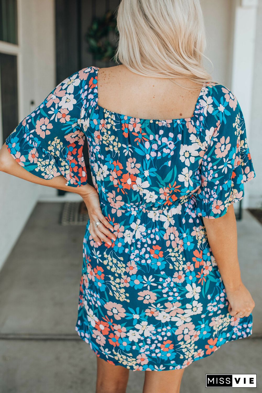 Blue Square Neck Ruffle Floral Dress