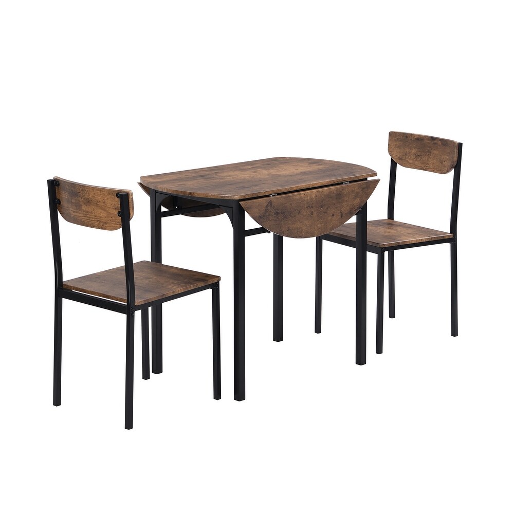 3 Piece Round Dining Table Set with Drop Leaf and 2 Chairs for Small Places  Black Frame   Rustic Brown Finish