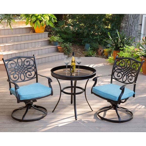 Hanover Traditions 3Piece Swivel Bistro Set in Blue with 30 in. Glasstop Table