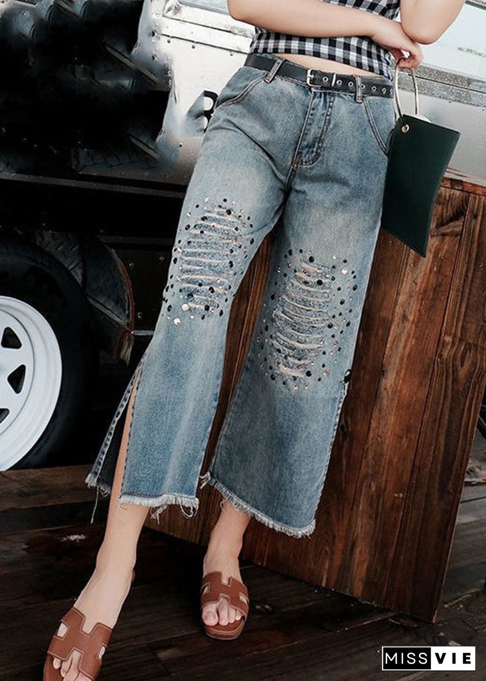 Loose Blue High Waist Sequins Patchwork Crop Ripped Jeans