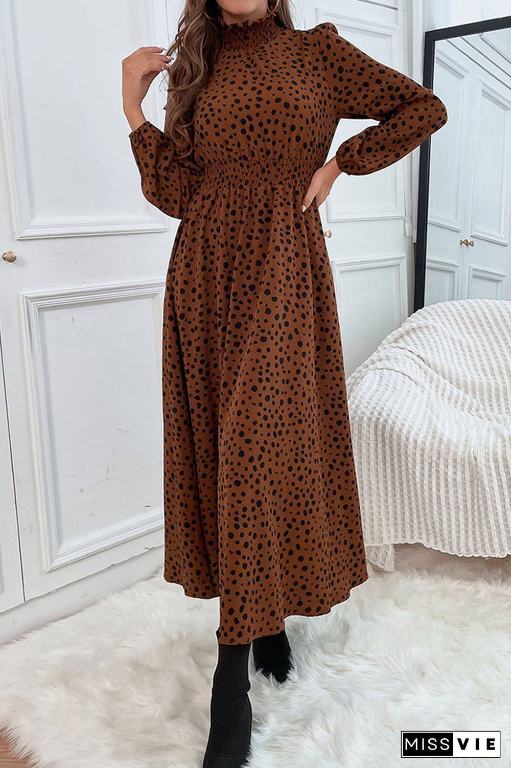 Leopard Print Long Sleeve Long Dress Wholesale