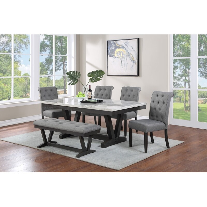 Best Quality Furniture 6 Piece Faux Marble Wrap Table Top Dining Set with Bench