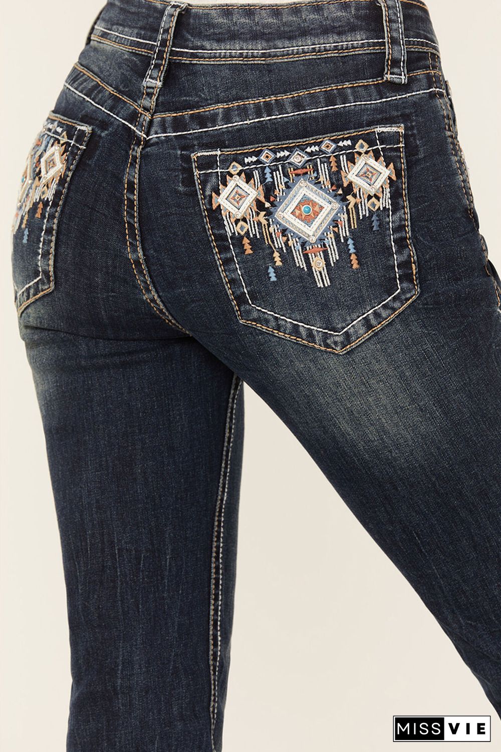 Embroidery Mid Waist Wash Straight Leg Jeans