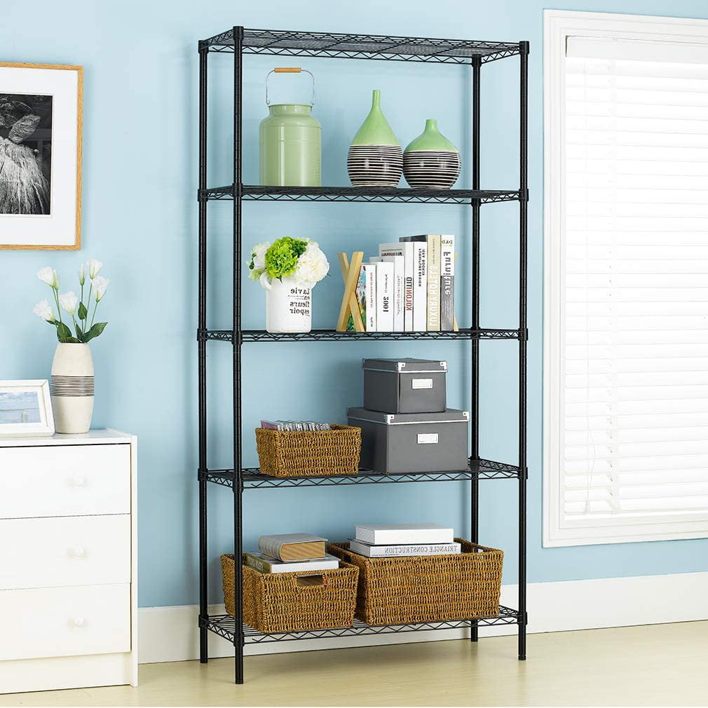 5 Shelf Wire Shelving Unit Garage NSF Metal Shelf Organizer Large Storage Shelves Heavy Duty Height Adjustable Utility Commercial Grade Steel Layer Shelf Rack 1250 LBS Capacity -14x36x72,Black