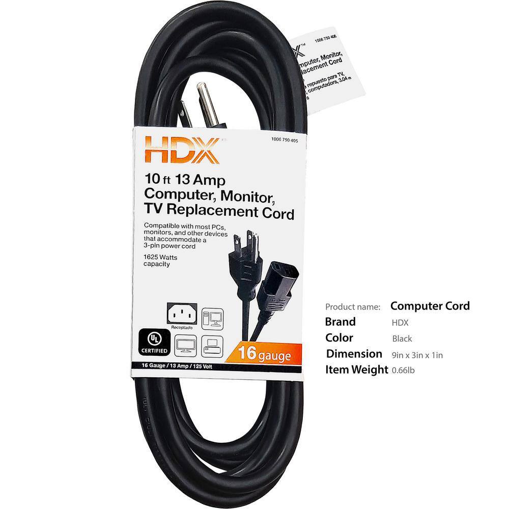 HDX 10 ft. 163 Light Duty Computer Monitor TV Replacement Cord Black SJT16310COMP