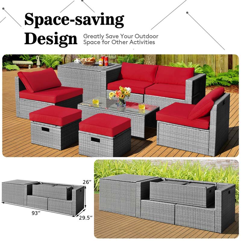 8 Pcs Rattan Patio Sectional Furniture Set Wicker Outdoor Cushioned Sofa Set with Storage Box & Waterproof Cover