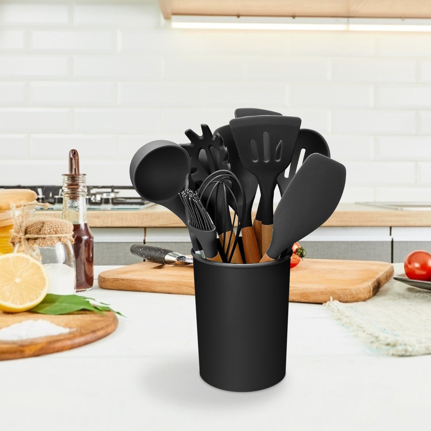 NewHome 11Pcs Silicone Cooking Utensil Set Heat Resist Wooden Handle Silicone Spatula Turner Ladle Spaghetti Server Tongs Spoon Egg Whish Kitchenware Set With Holder Black