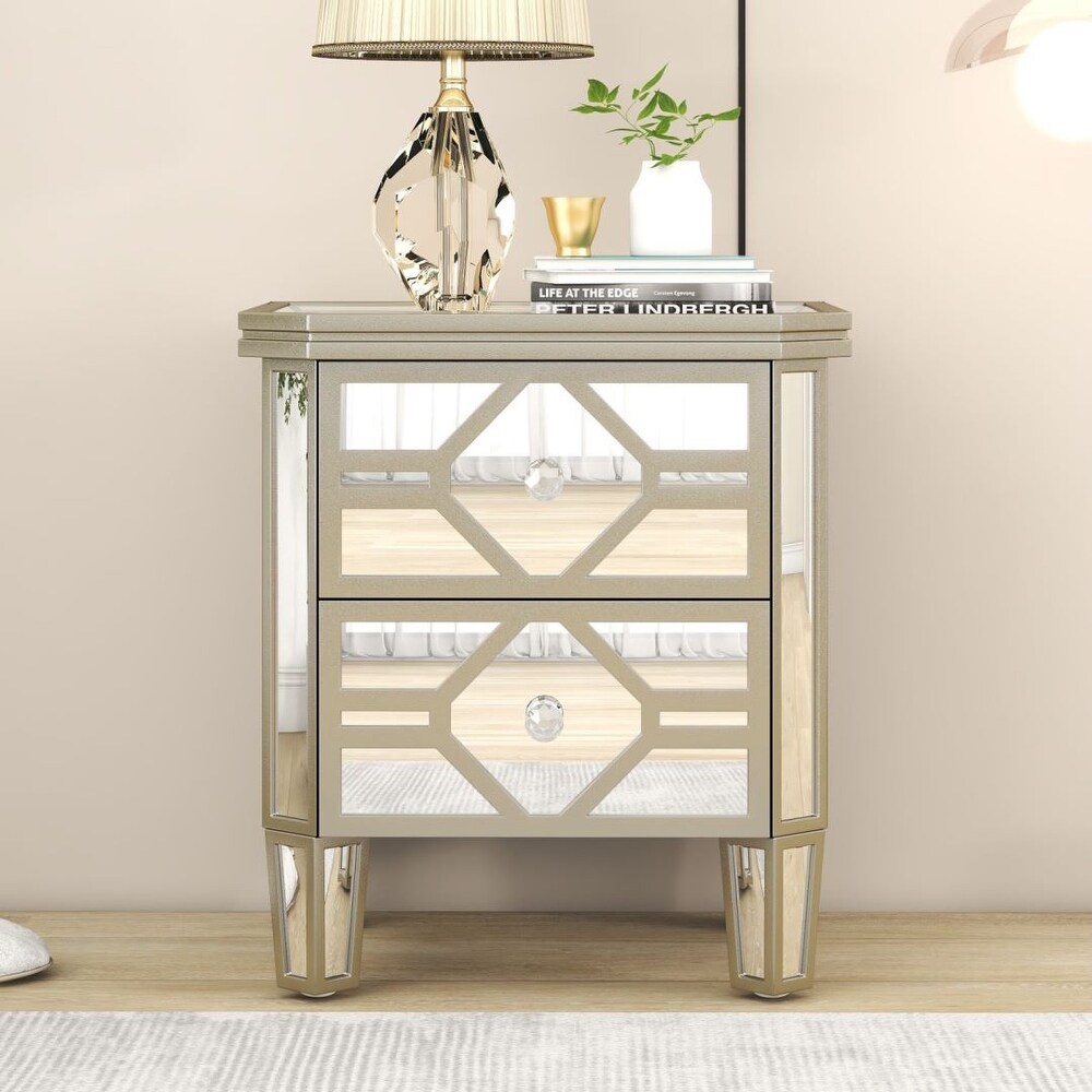 Silver Elegant Mirrored 2 Drawer Side Table with Golden Lines