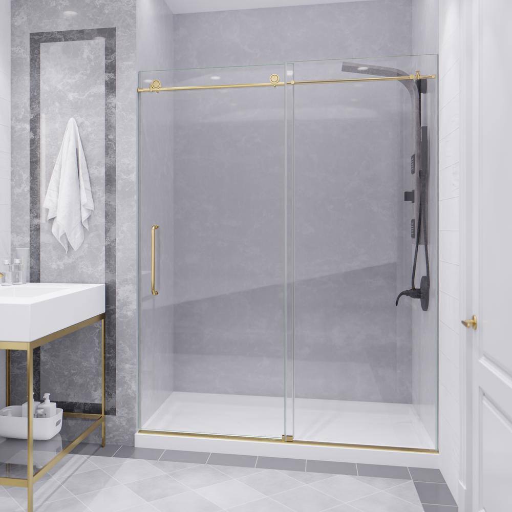 ANZZI Leon 60 in. x 76 in. Frameless Sliding Shower Door in Brushed Gold with Handle SD-AZ8077-02BG