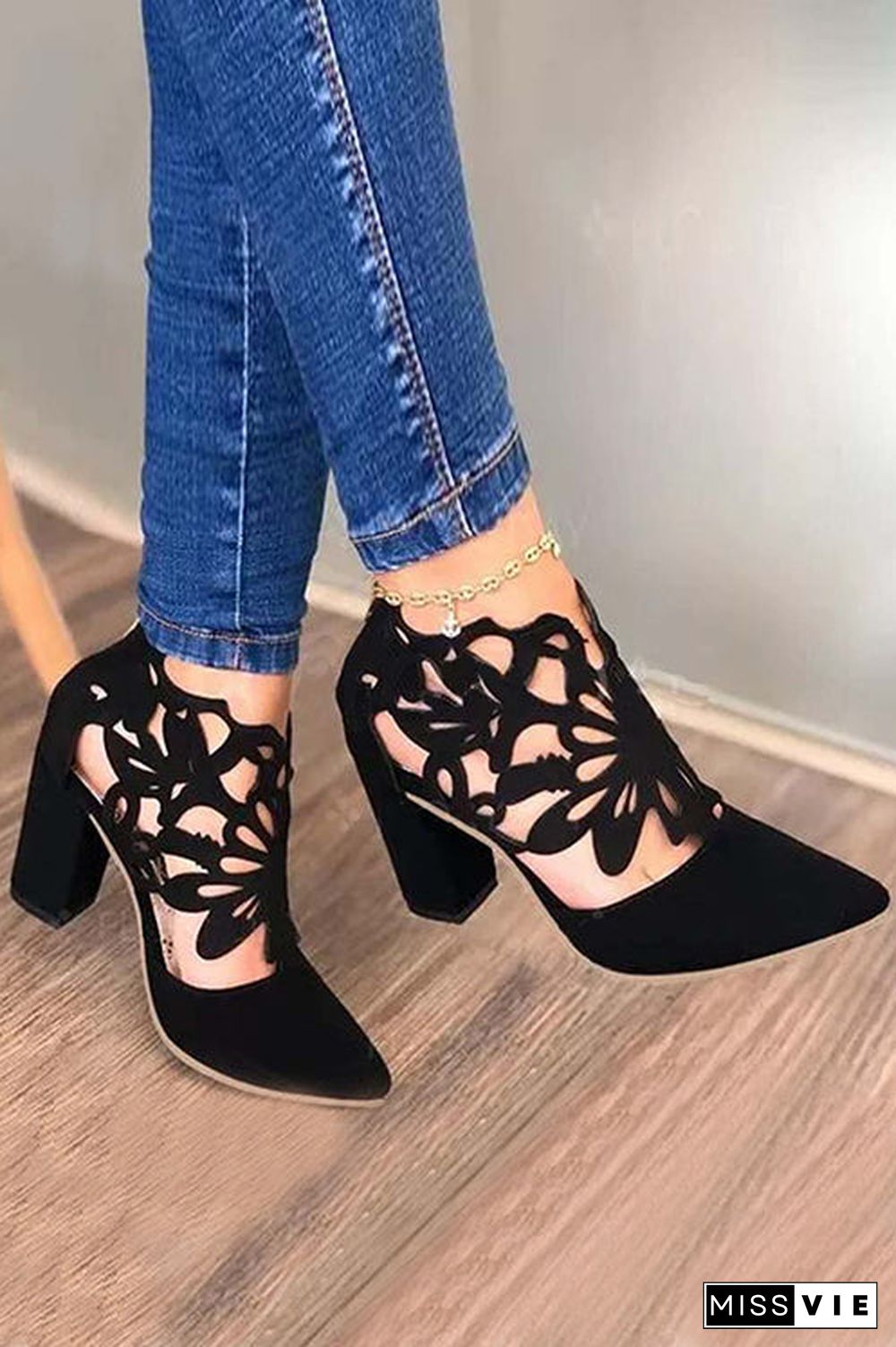 Hollow Pointed Toe Chunky Heel Sandals