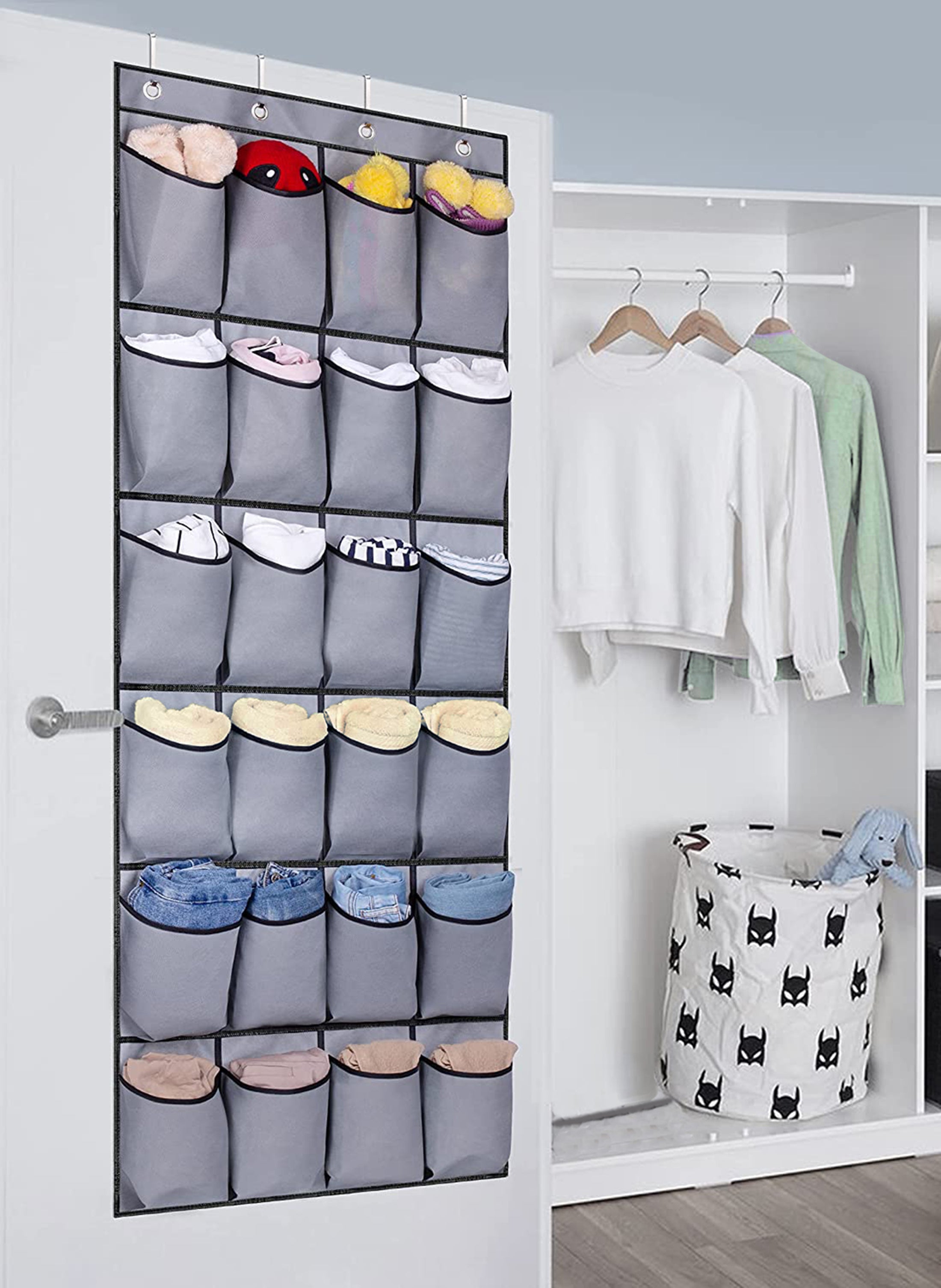 MISSLO Over The Door Shoe Organizer 24 Fabric Pockets Large Hanging Shoe Rack Hanger Holder for Closet Storage with 4 Over Door Hooks， Gray