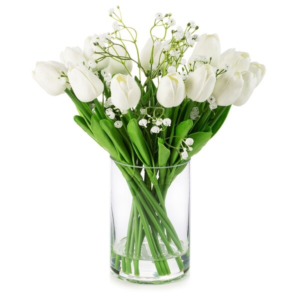 Enova Home 18 Mixed Artificial Real Touch Tulip Flower Arrangement in Clear Glass Vase with Faux Water for Home Decoration