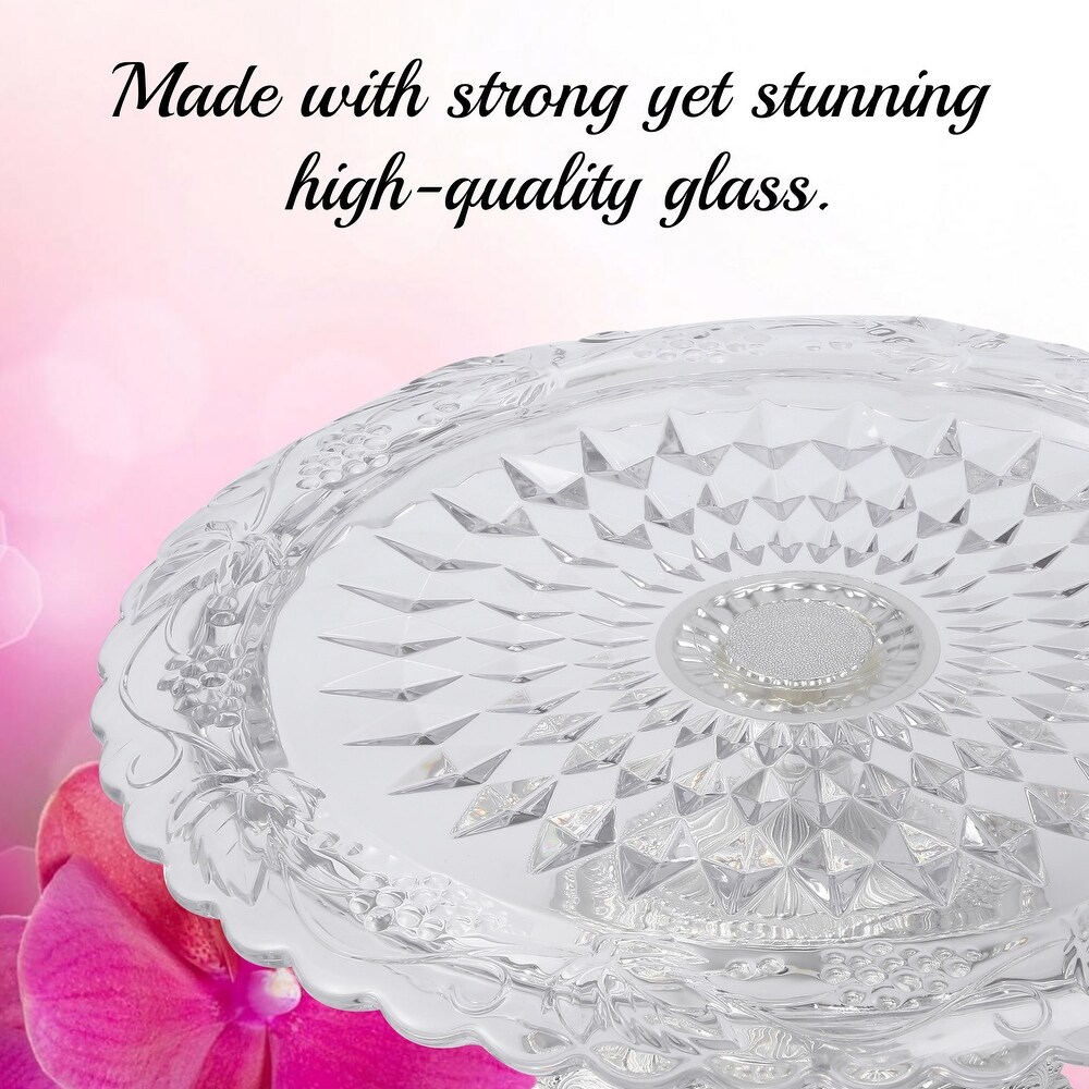 Matashi Crystal Glass Etched Cake Plate Centerpiece  Round Serving Platter w/ Silver Plated Pedestal Base for Weddings  Parties