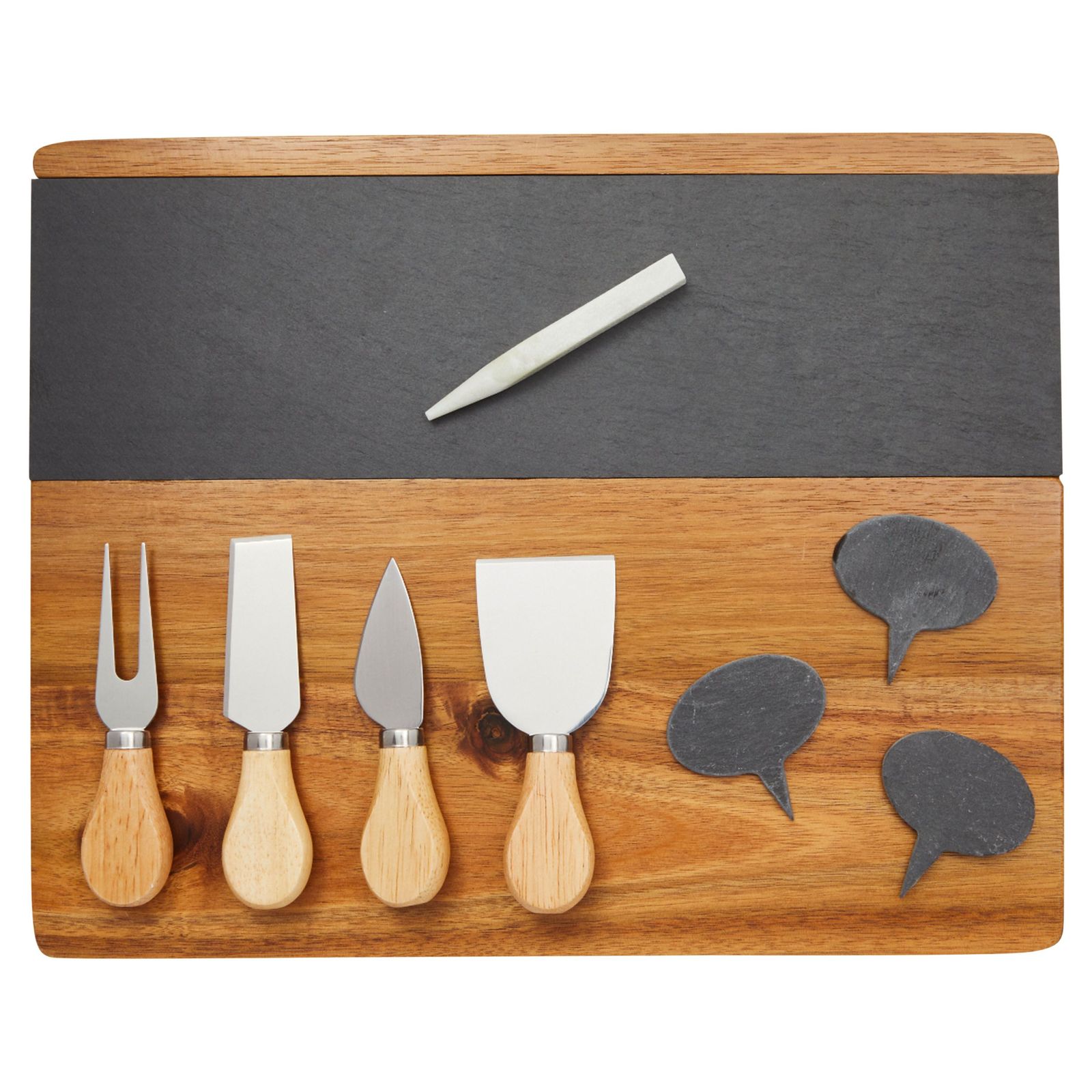 9 Pieces Wooden Cheese Charcuterie Board with Slate Inlay， 4-Piece Knife Set， 3 Signs， 14 x 11 inches