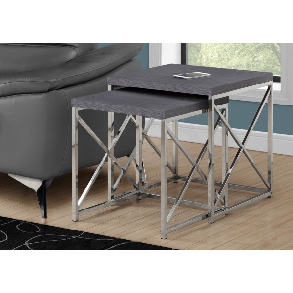 Nesting Table， Set Of 2， Side， End， Metal， Accent， Living Room， Bedroom， Grey Laminate， Chrome Metal， Contemporary， Modern