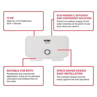 ATMOR 13000 Watt240V 2.25 GPM Electric Tankless Water Heater Includes Pressure Relief Device Ideal for a Full Bathroom AT-13WH-HD