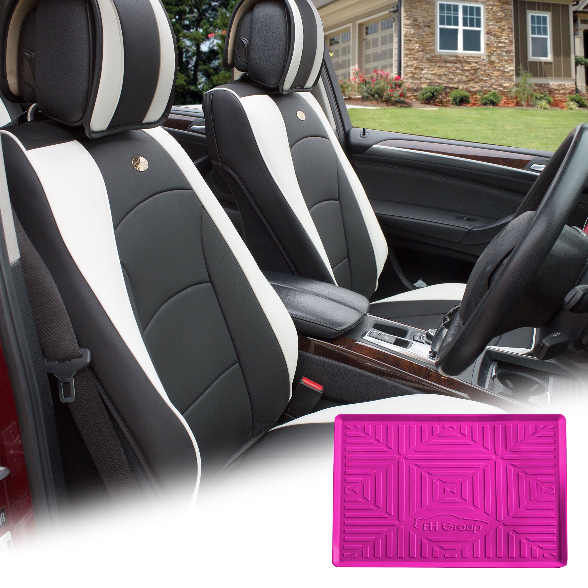 FH Group Black White Leatherette Front Bucket Seat Cushion Covers for Auto Car SUV Truck Van with Hot Pink Dash Mat