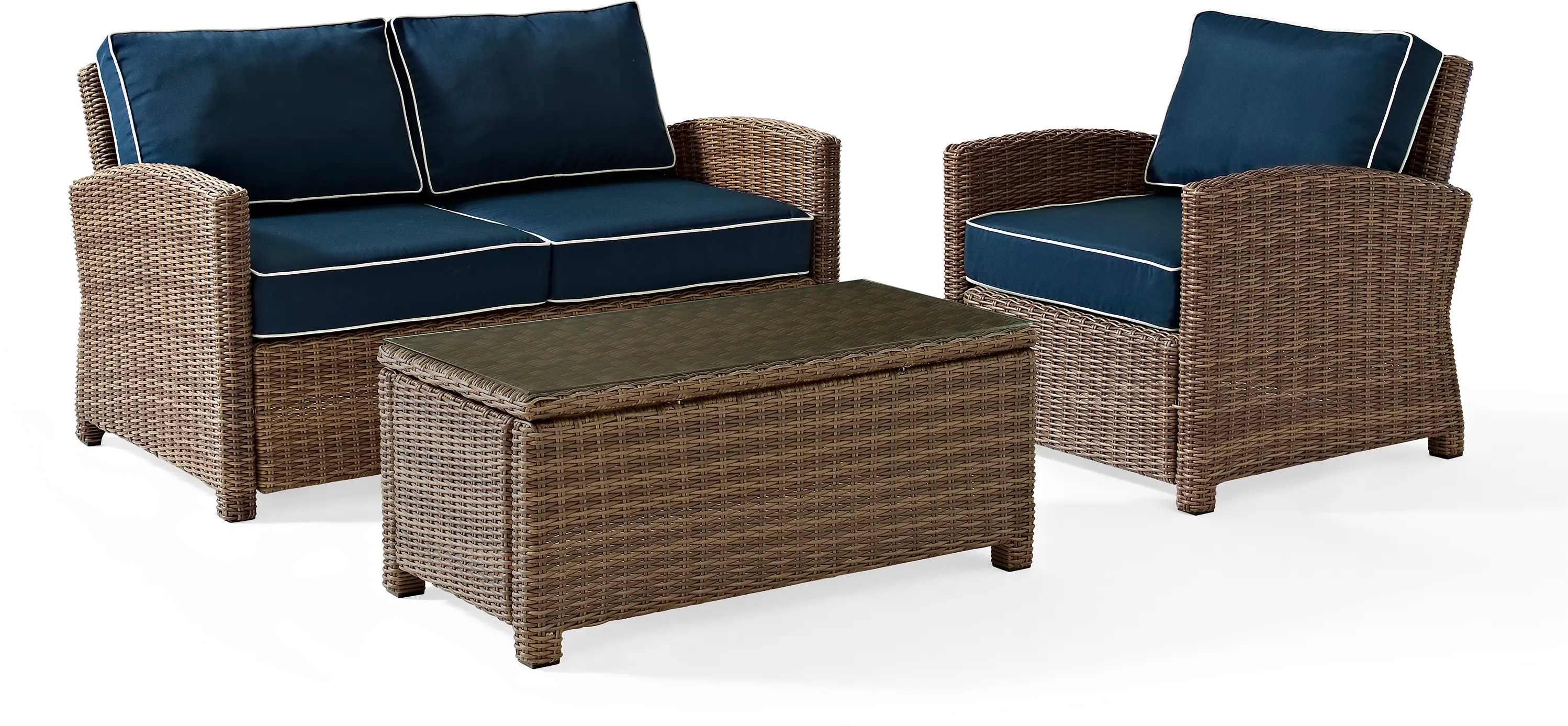 Bradenton Navy and Wicker 3 pc Loveseat， Armchair， and Table Set